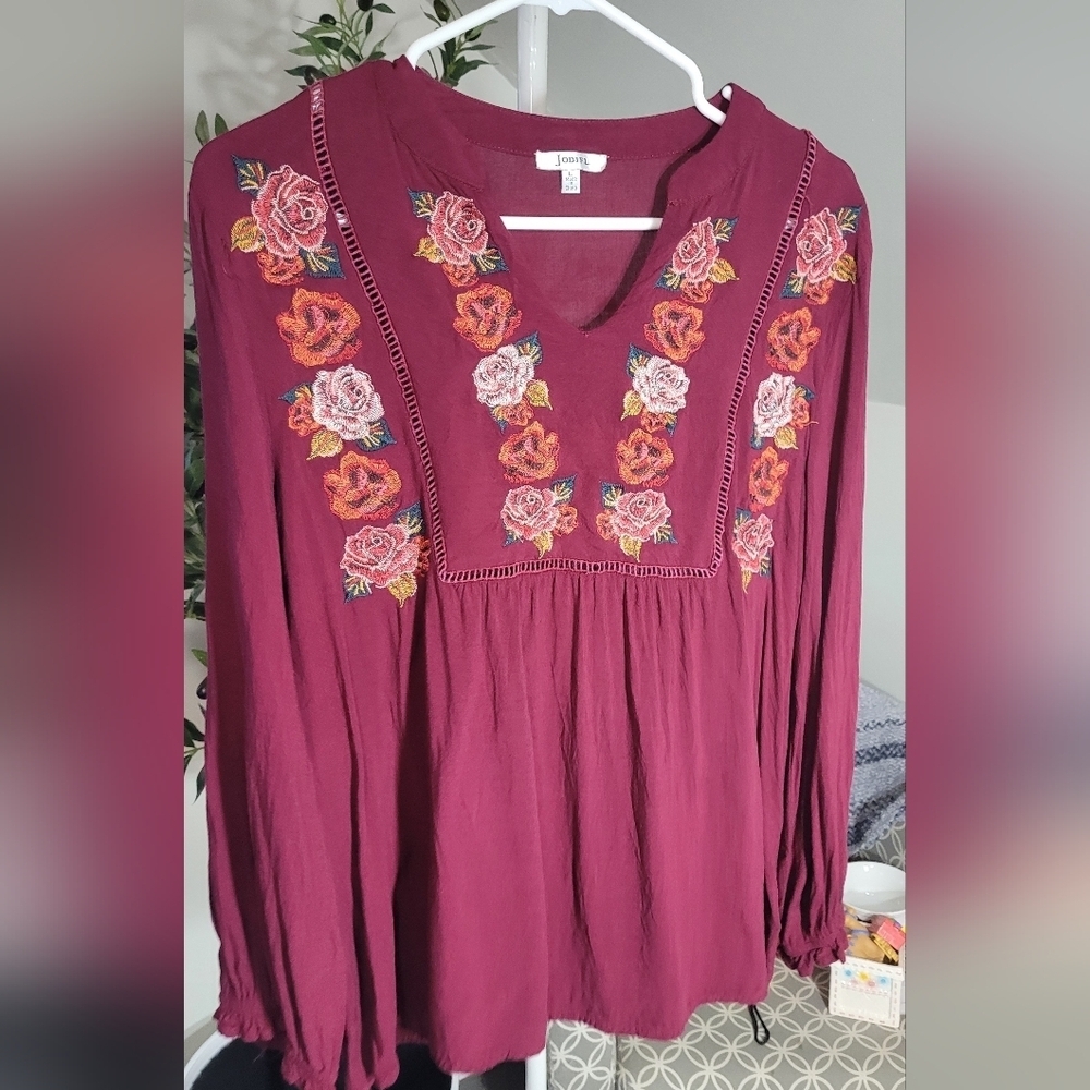 Jodifl Merlot Floral Embroidered Tunic Rayon Blouse Size Large Boho